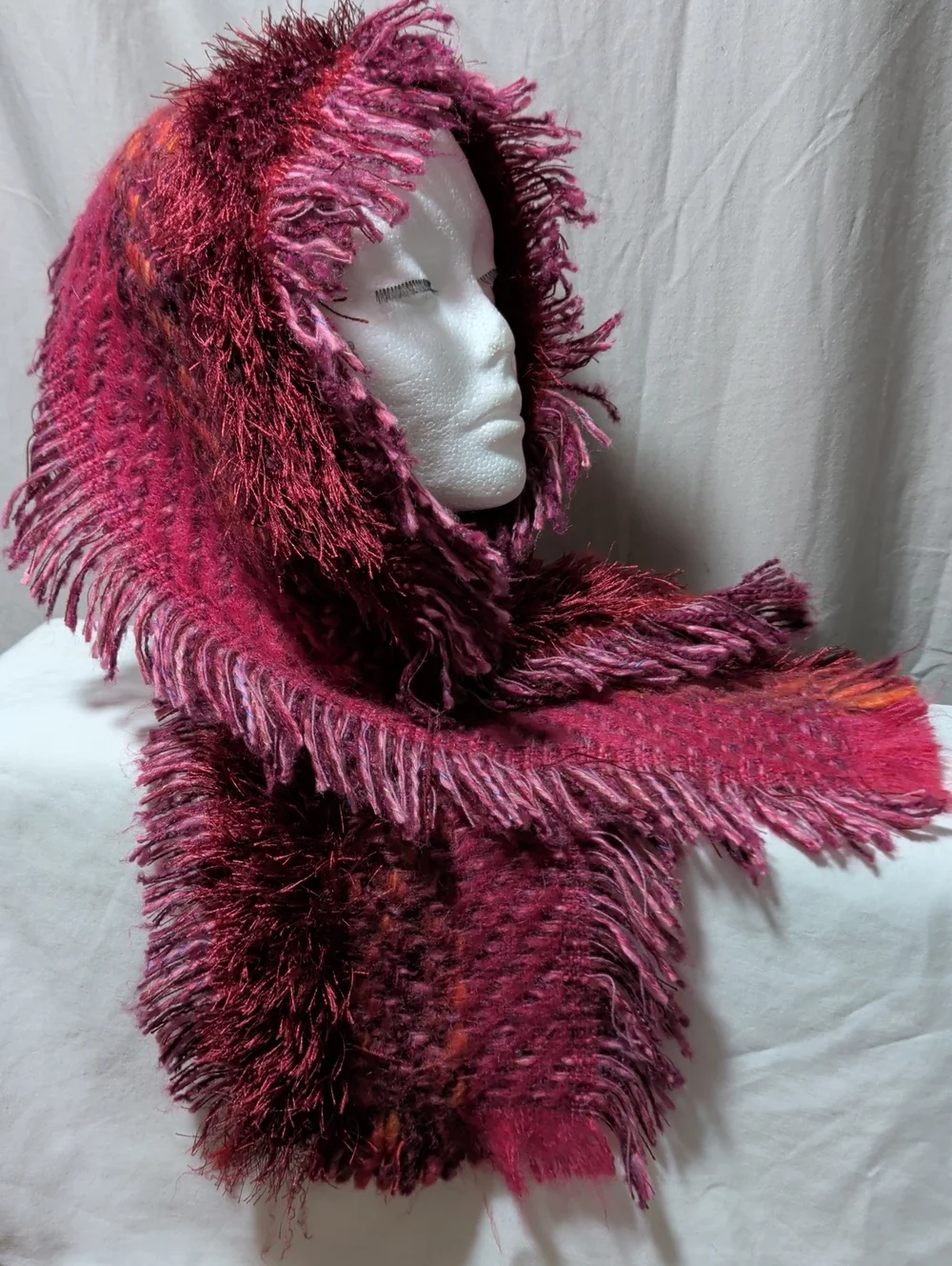 Fringed Hooded Scarf Wrap in Deep Magenta Warm & Cozy